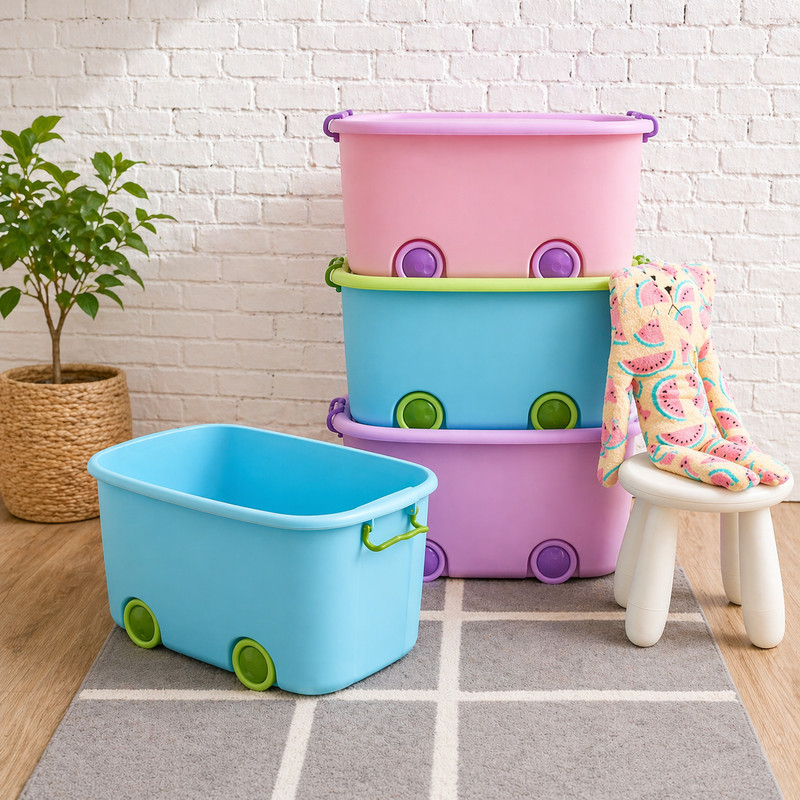 WHITE PONY Plastic Multi Colour Toy Storage Box for Kids with Wheels & Lid Organizer Storage Basket(Pack of 4)