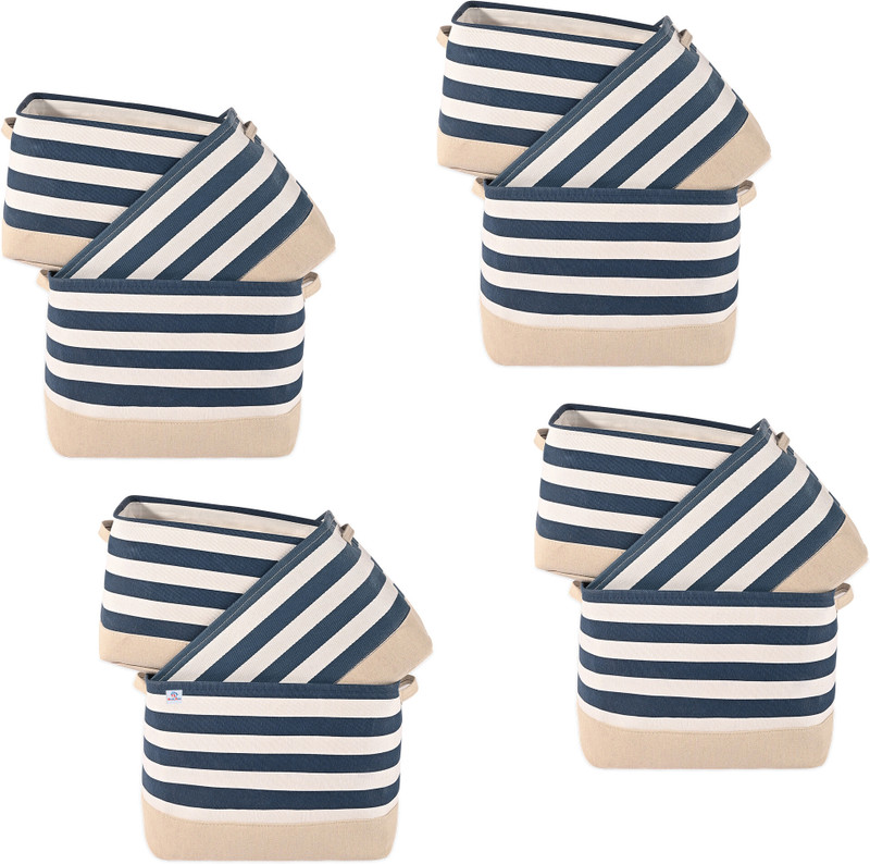 Heart Home Cotton (Set of 12) Cosmetic Dressing Table Organizer | GM-30-BLU | White & Blue Stripe Storage Basket(Pack of 12)