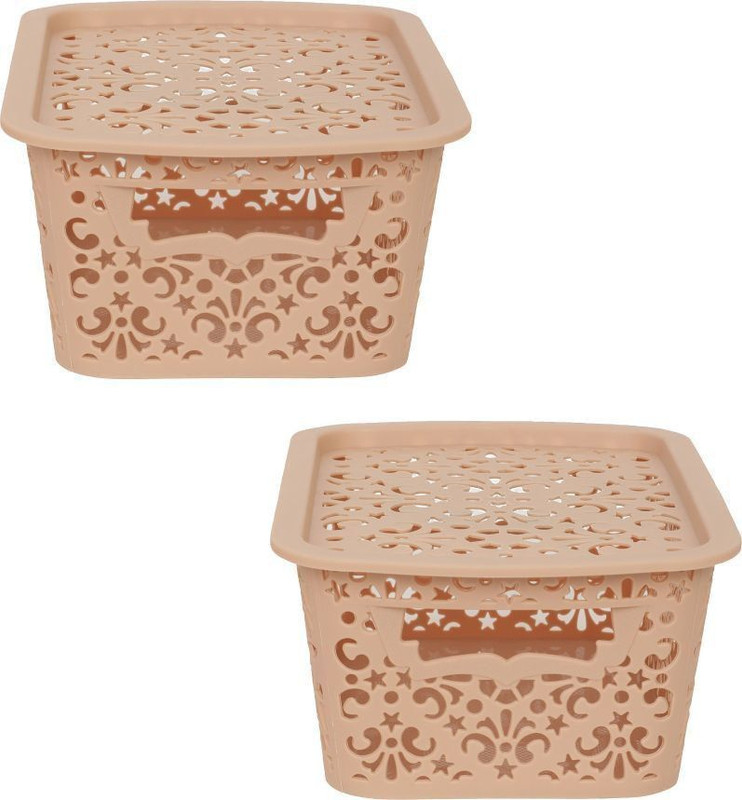 Flipkart SmartBuy Plastic Small Turkish Baskets Small with Lid for Kitchen | Office | Pen | Pencil | Colours Utility | Cosmetics | Accessories | Closet | Wardrobe - Beige | Set of 2 Storage Basket (Pack of 2) Storage Basket(Pack of 2)