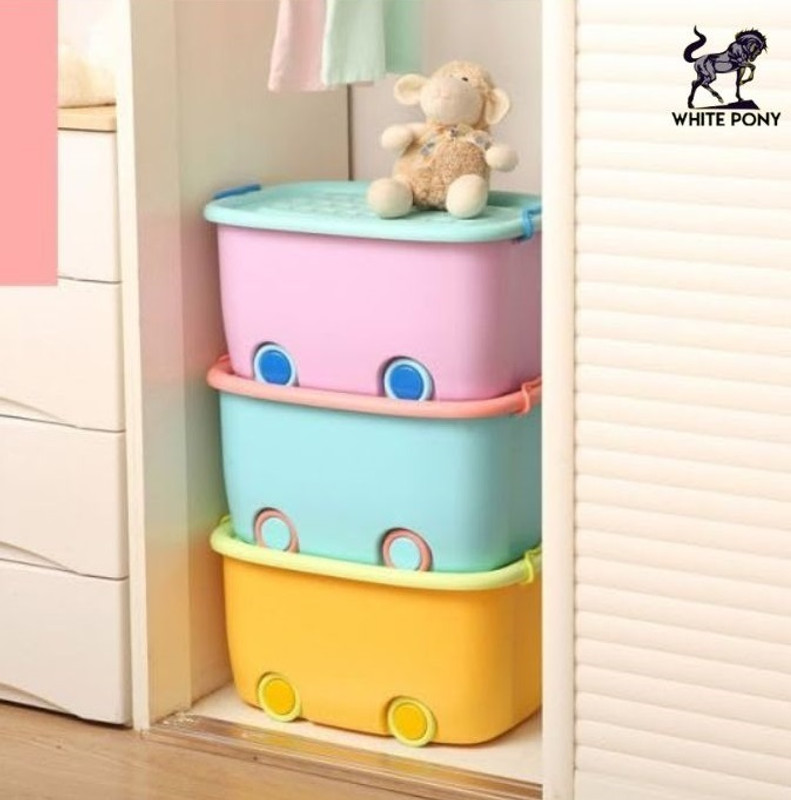 WHITE PONY Plastic 25L Kids Toy Storage Box with Wheels & Lid Stackable Organizer (Multicolor) Storage Basket(Pack of 3)