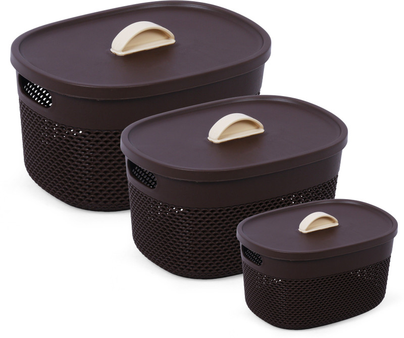 Flipkart SmartBuy Plastic 3 Pc Multipurpose Storage Basket for Kitchen, Office,Bedroom, Bath Room With Lid Storage Basket(Pack of 3)