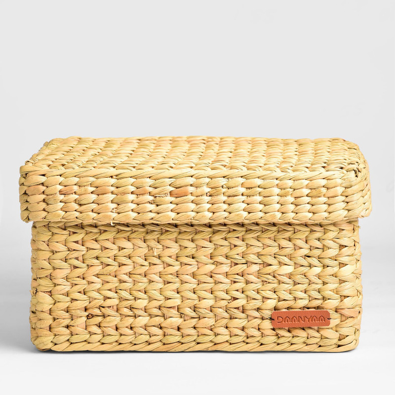 Daanyaa Seagrass Handwoven Seagrass Storage Basket with Lid|Natural Eco-Friendly Organizer Box Storage Basket(Pack of 1)