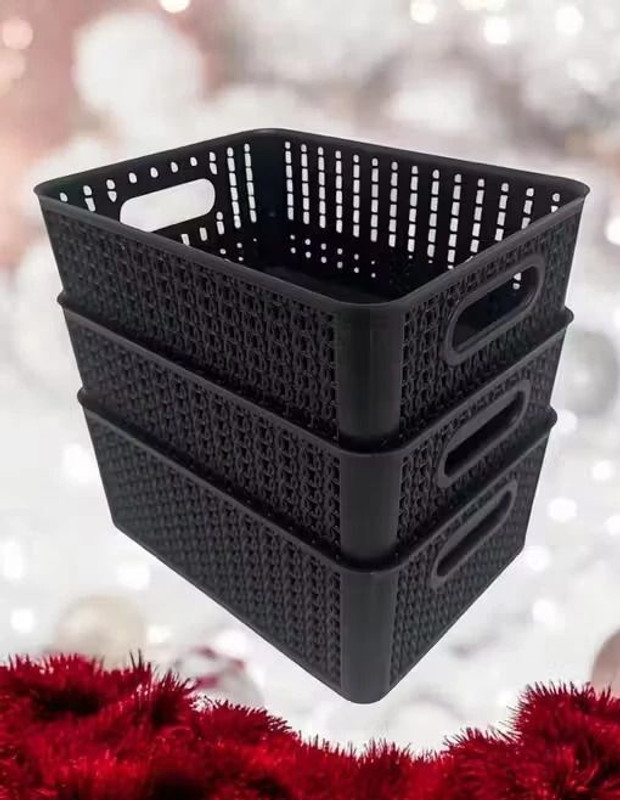 VR Plastic Black Plastic Organizer Storage Basket without Lid Basket Storage Basket(Pack of 3)