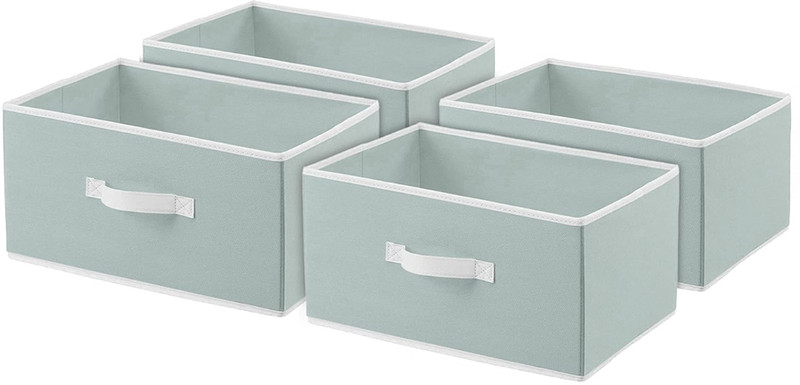 Wonstiar Multipurpose Fabric Storage Box Organizer (Pack of 4) with Handle | Heavy Non-Woven Wardrobe & Shelf Storage Boxes for Clothes, Towels & Accessories Drawer Organiser Box (40×29×23 cm, Grey with White Strip)(Grey)