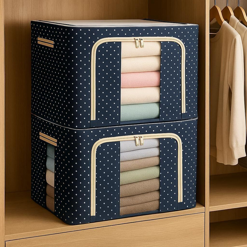 MLSALES Cloth storage box wardrobe organizers 66 Liter PACK OF 2 Pack-2[66 Litres]Wardrobe Organizer,Storage Boxes for Clothes with Zip,Blue Dots Backpack 66L Folding Storage Box Living Box, Fabric Foldable Wardrobe Organizer(BLUE DOT)