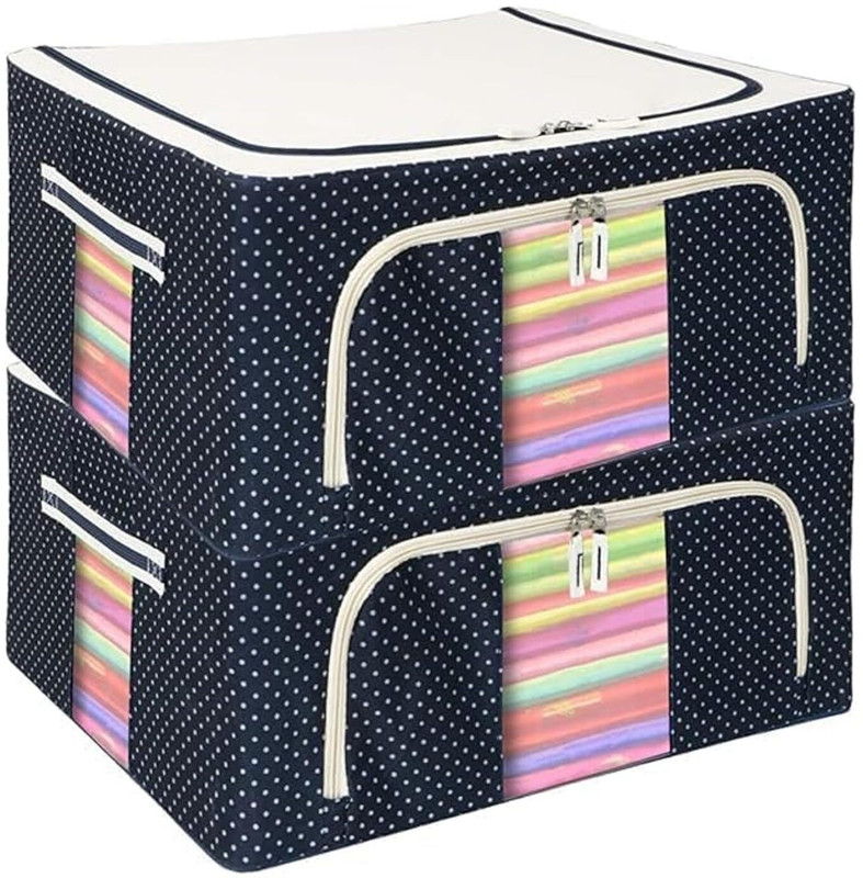 DHYEY ENTERPRISE 2 Pcs 66L Fabric Storage Box with Steel Frame Cotton Laundry Bag(Blue, White)