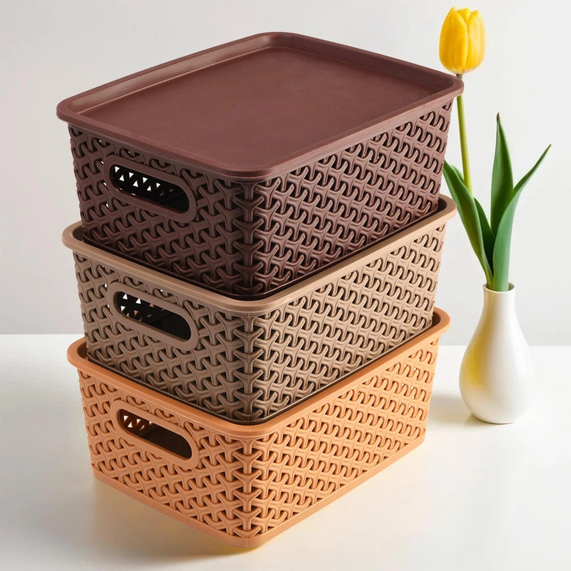 senoprime Plastic Storage Basket Set of 3 with Lid Multipurpose Organizer Box Storage Box(Multicolor)