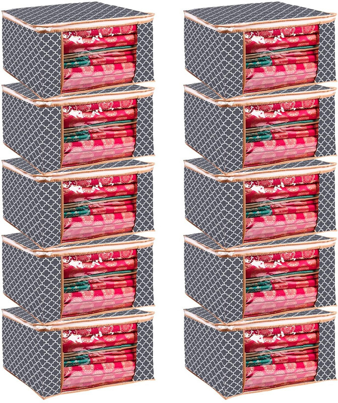 NESTIFY Saree Cover Cloth Storage Box Non-Woven Material Foldable Transparent Saree Covers With Zip Clothes Organizer Storage Bags For Clothes Saree Bag Cloth Cover(PACK OF 10)(Grey)