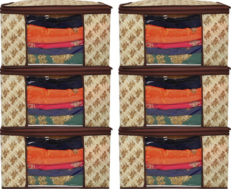 BAGS BEAUTY 6 pcs Non Woven Saree Cover/Clothes Organiser For Wardrobe Set Storage Bag with Front View Transparent Window And Zip For Lehenga, Suit, Dress, (Wedding Collection Gift) Premium Qulaity Garment Organizer Pack of 6(ORANGE GREEN)