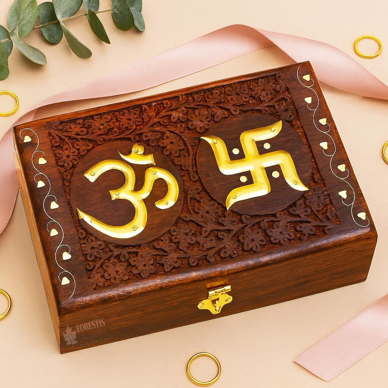 FORESTIS GALLINARIA Wooden OM for Good Luck| Vanity Box| Jewellery Box For Gold, Cash, Money Cash Box(1 Compartments)