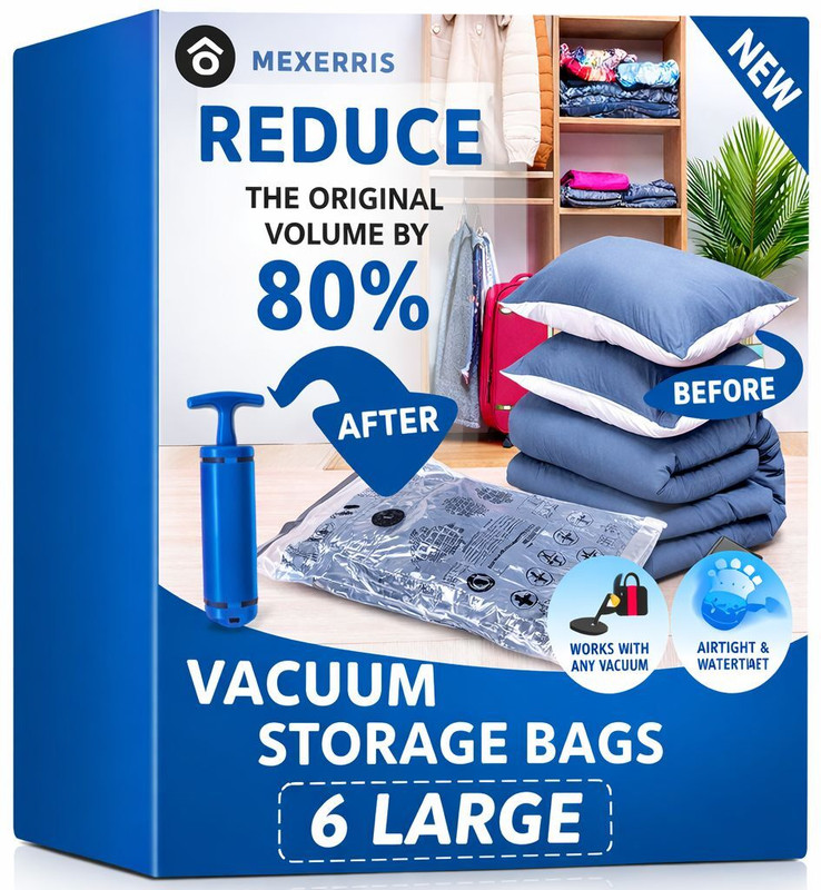 MEXERRIS 6 Large Vacuum Bags ,Space Saver Bags for Blankets, Comforters, Pillows, Clothes Travel Storage Vacuum Bags(Pack of 6)
