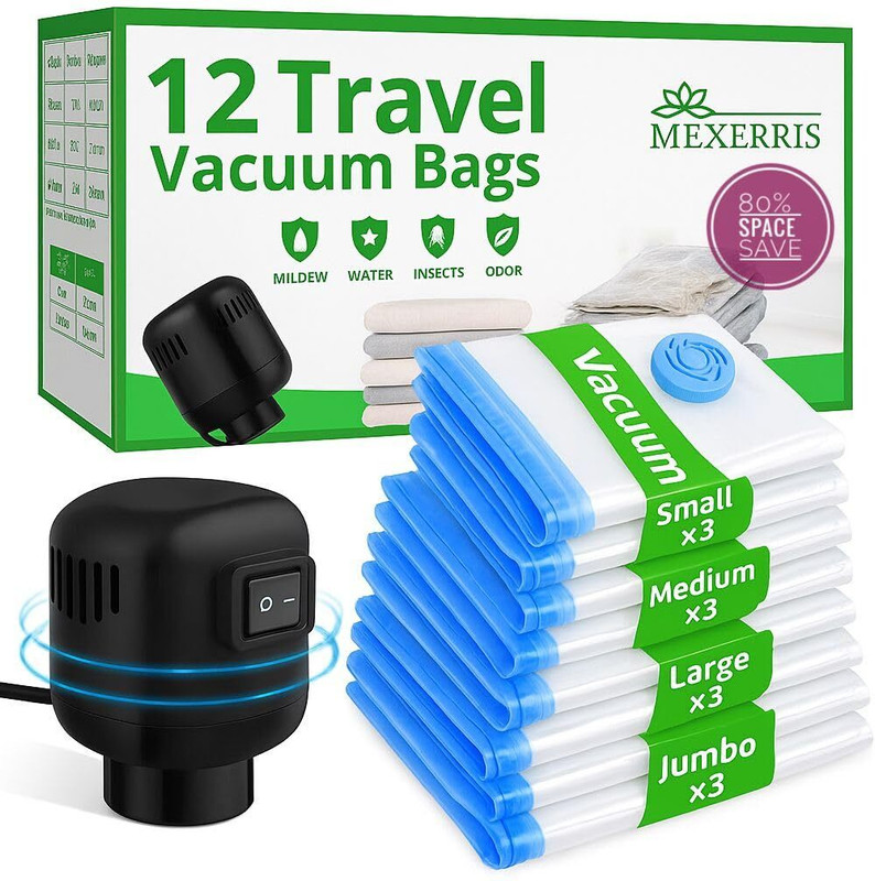 MEXERRIS 12 COMBO 3 (S/M/L/J) VACUUM STORGE BAG with ELETRIC PUMP AND MANUAL PUMP Travel Storage Vacuum Bags(Pack of 12)