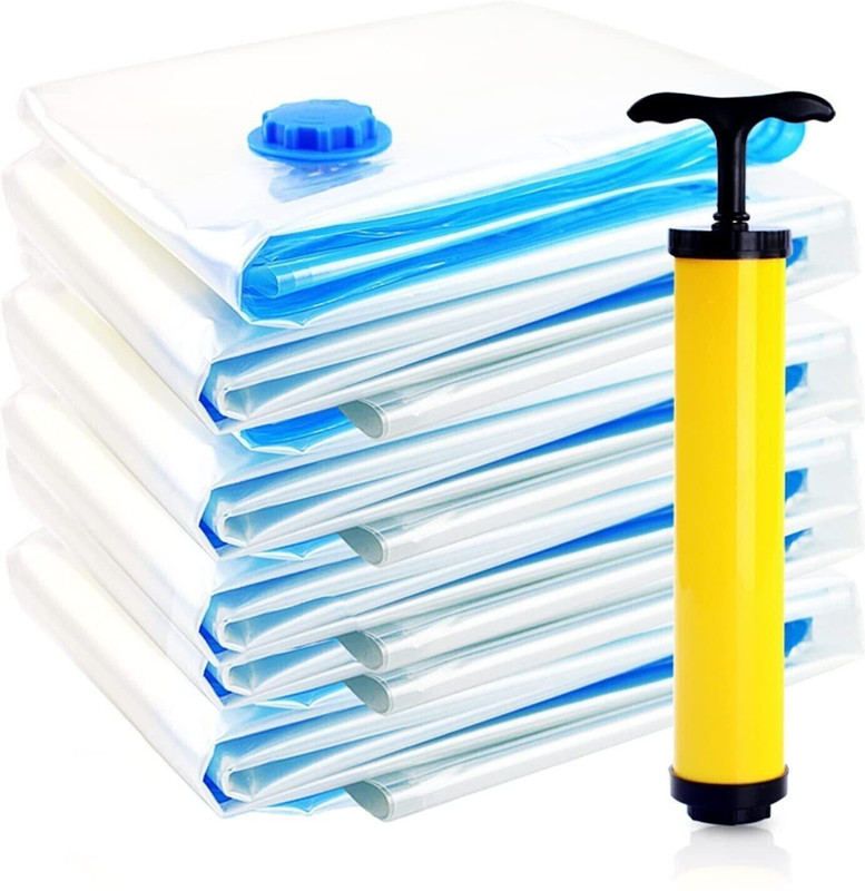Heinriched Reusable Ziplock Vacuum Storage Space Saver Bags (4 PCS PLAIN BAG , 1 PUMP ) Travel Storage Vacuum Bags(Pack of 5)