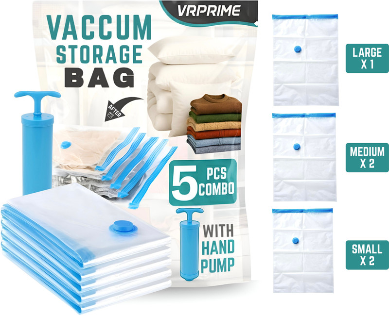 VRPRIME Vacuum Storage Bags Set of 5 with Pump, Space Saving Travel Bags High Volume Storage Vacuum Bags, Travel Storage Vacuum Bags(Pack of 5)