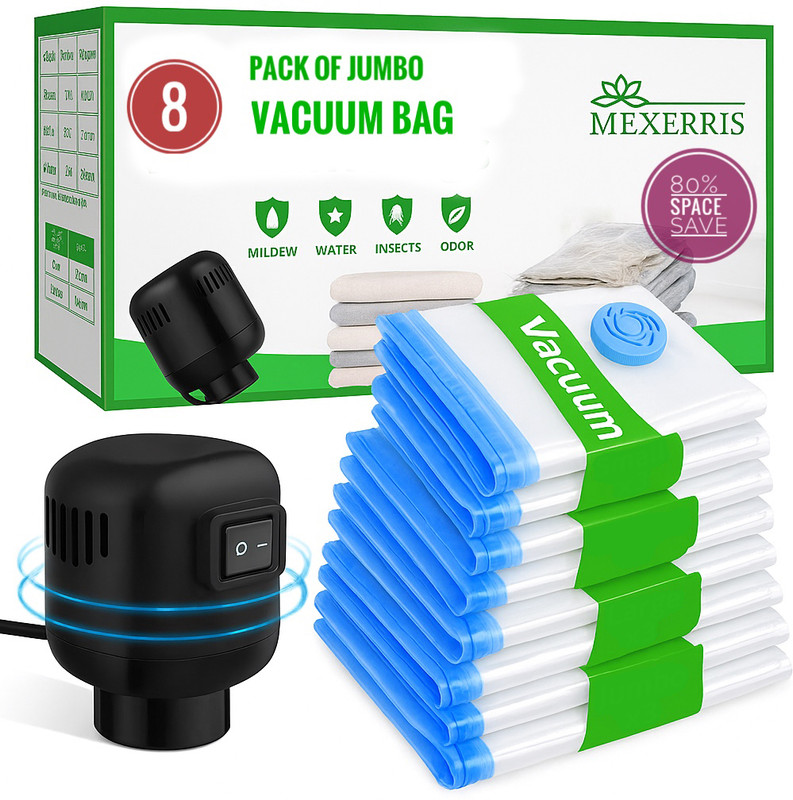 MEXERRIS 8 Jumbo Vacuum Storage Bags,Space Saver Bags for Clothes, Clothing and Blanket Travel Storage Vacuum Bags(Pack of 8)