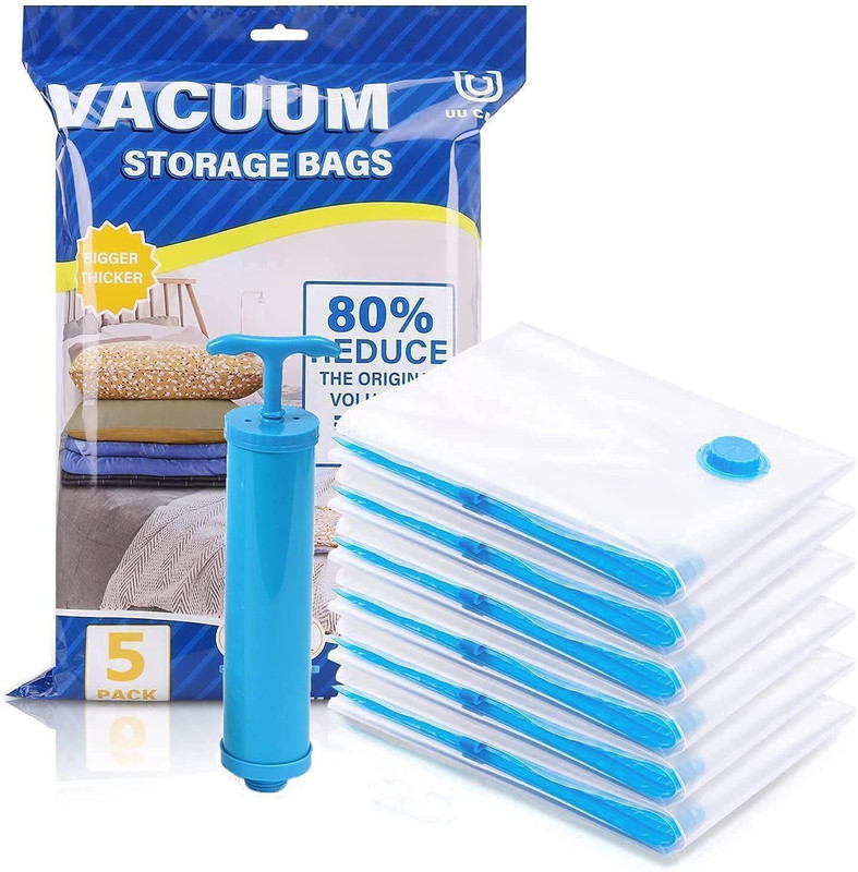Zolix 5 pcs Vacuum Storage Bags Set with Hand Pump 5 Pack Space Saving Manual Vacuum Bag Sealer