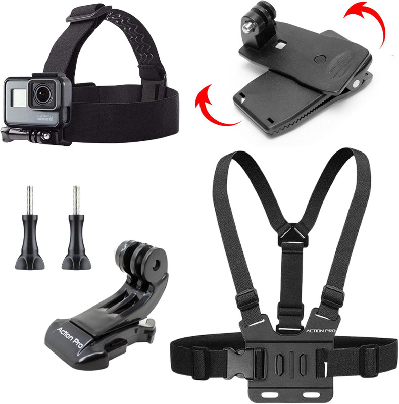 Action Pro Chest Belt, Head Belt, 360 Clamp Mount, J Hook, Quick Release Buckle Strap(Black)