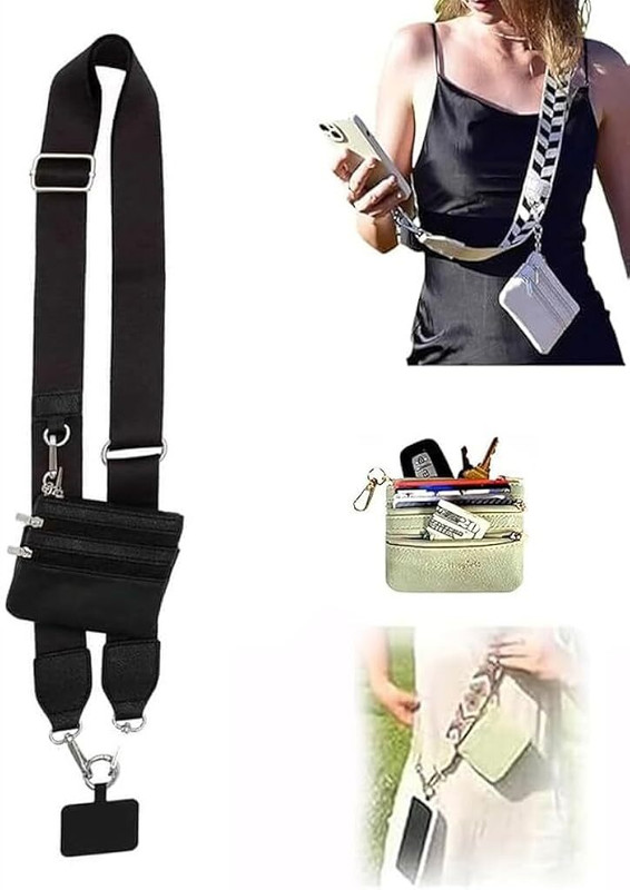 HASTHIP Clip and Go Phone Strap with Zipper Pouch Stylish Crossbody Adjustable Lanyard Strap(Black)