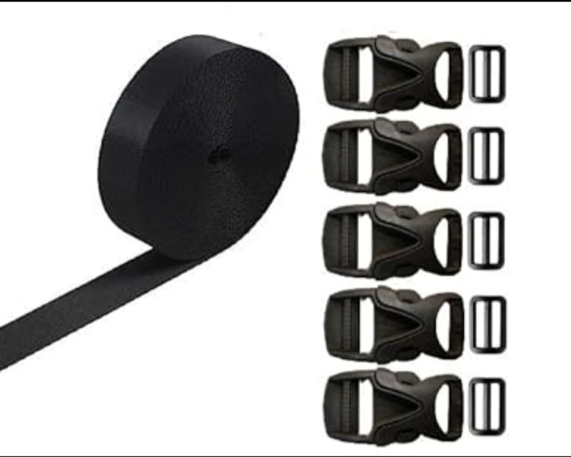 IBB Black Webbing 1 Inch Nylon Strap 10 Meters Roll With 5 Side Buckle & Adjuster Strap(Black)
