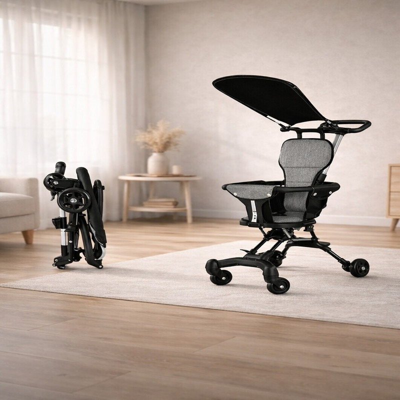 NUVIO Baby Jhula Style Foldable Baby Stroller with Canopy and Smooth Wheels Stroller(No Recline position, Black)