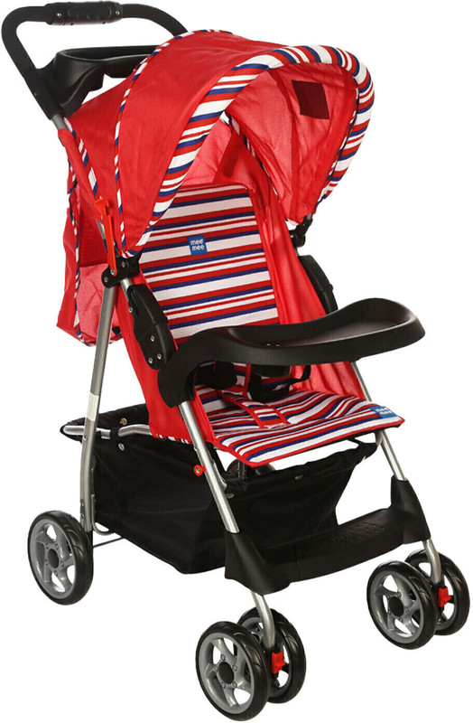 MeeMee Baby Stroller Pram for 0-3 Years| Quick One Hand Folding and Feeding Tray Pram(3, Red, Black)