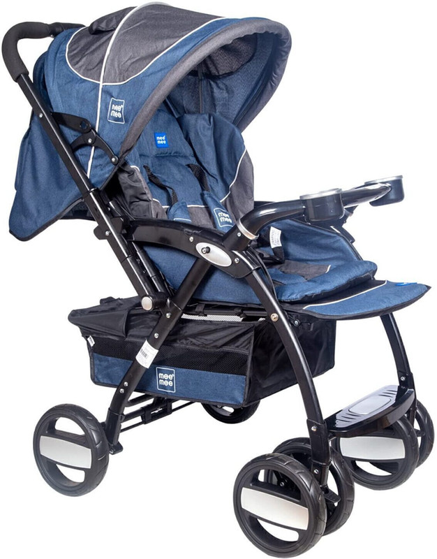 MeeMee Compact Fold, Adjustable Canopy, Reversible Handle, 5-Point Harness Pram(3, Dark Blue)