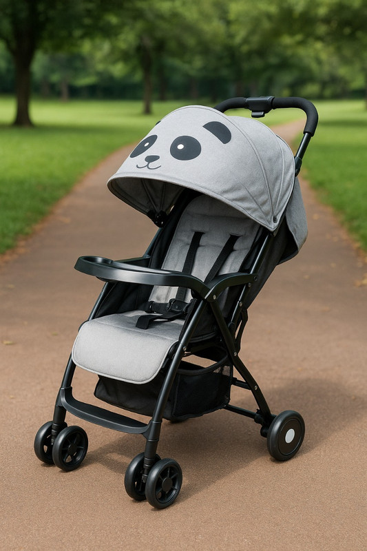 Angels & mice Panda,|300DFabric |Seat Recline|Expandable Footrest,Canopy|FoodTray|0-36M Pram(Multi, Grey)
