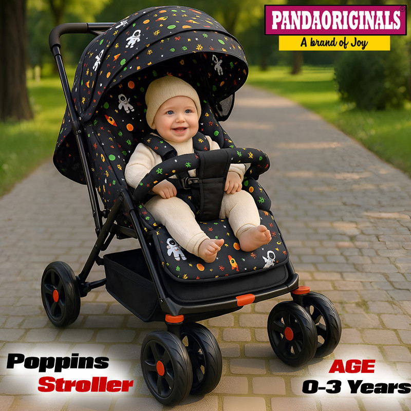 Pandaoriginals Poppins Baby Stroller Pram for 0-3 Years 5 Point Safety Harness,360°Swivel Wheel Stroller(3, Black)