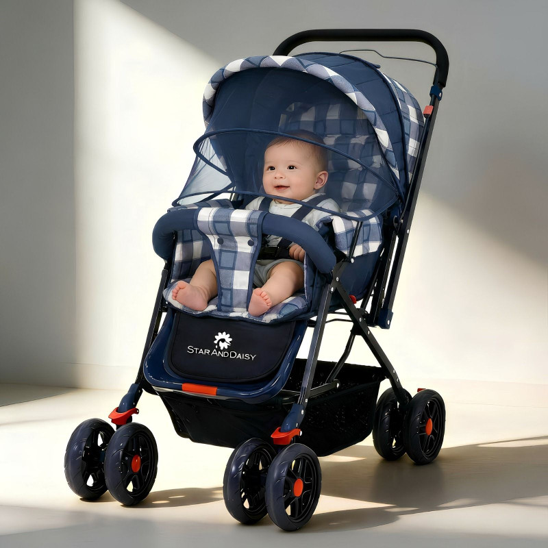 StarAndDaisy Reversible Baby Stroller and Pram with Mosquito Net and Wheel Breaks Stroller(3, Blue)
