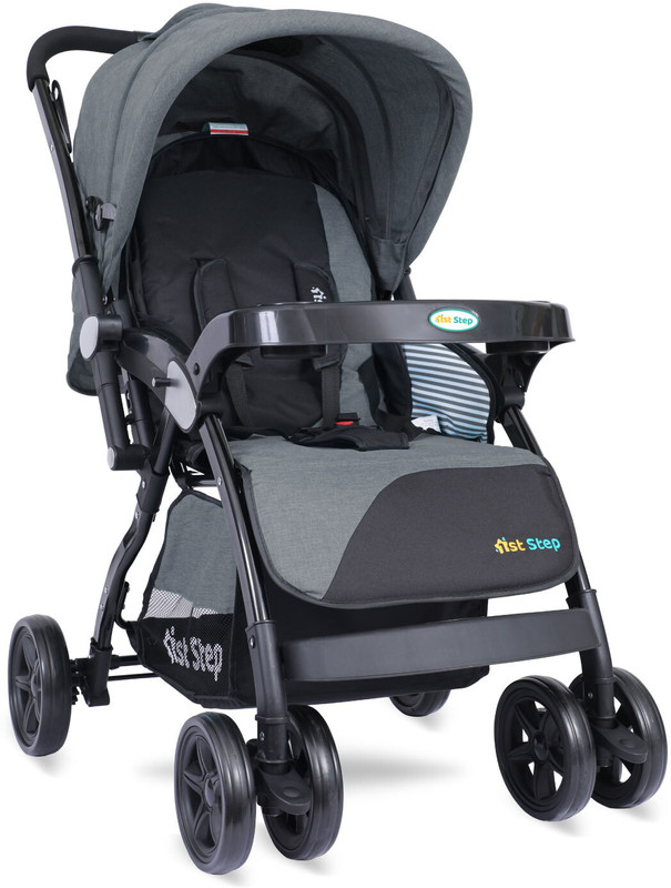 1st Step Grande Pro Stroller With 5 Point Safety Harness And Reversible Handlebar Pram(3, Grey)