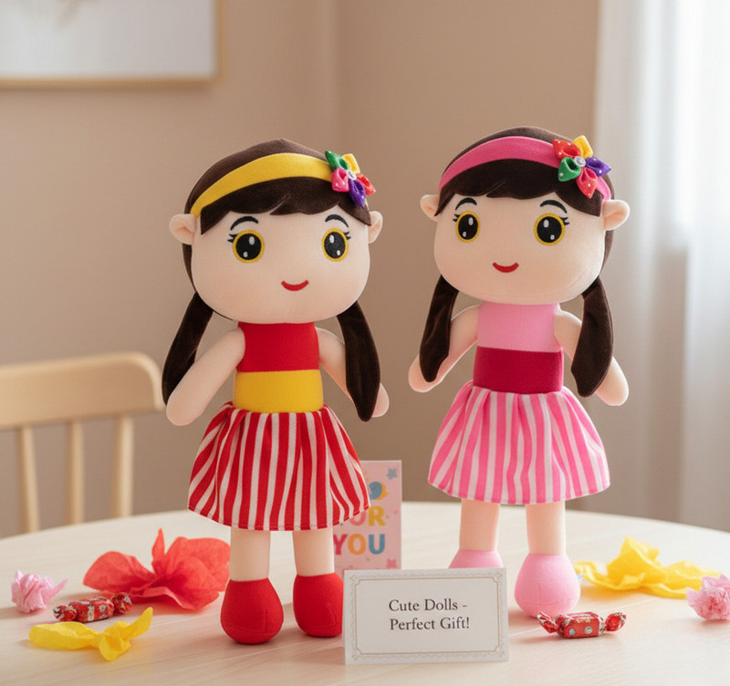 HoGiGoGi Set of 2 Soft Plush Dolls - Cute Striped Dress Stuffed Toys for Kids & Toddlers - 40 cm(Red, Pink)