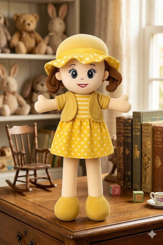 Panda's cave Soft Stuffed Girl Doll with Yellow Hat & Dress for Kids - 54 cm(Yellow)