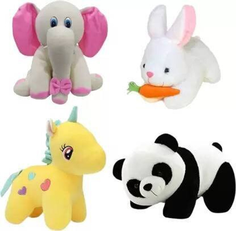 Toyhaven Exclusive combo pack of 4 super soft lovely stuffed toys for kids/ sitting elephant, unicorn , rabbit and panda/ for home decoration and birthdays - 25 cm(Beige, Black, Yellow, White)