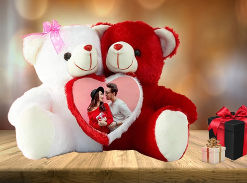Shri Ganesh Handloom Couple Teddy With 1 Photo 10x10 inches for Valentine Day, Anniversary, Birthday - 10 inch(Red, White)