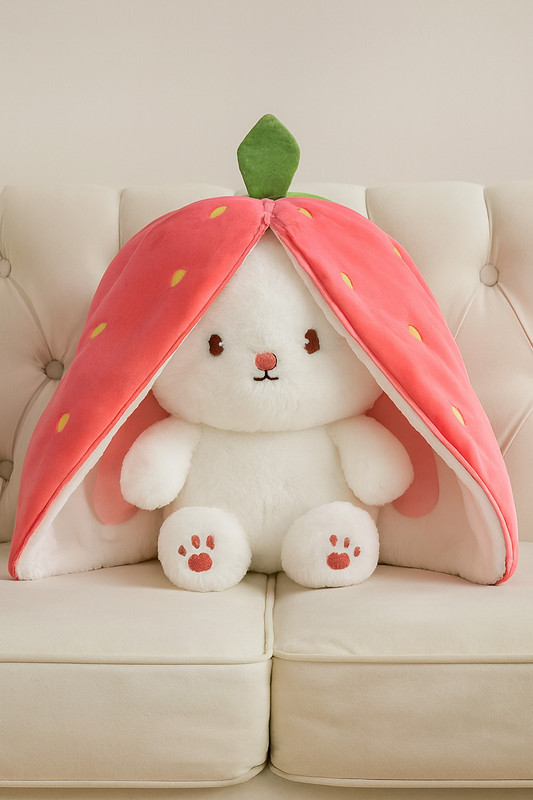 wolkwogg Mini Strawberry Bunny Soft Toy |Transformable Plush for Kids, Travel & Gifting  - 7 inch(Pink, White)