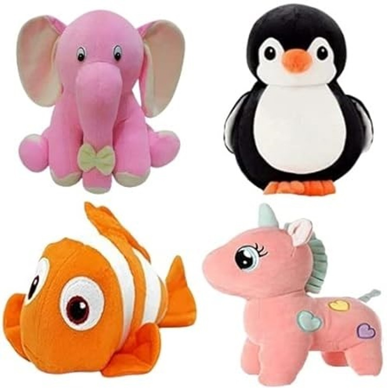 R k Lovely Combo of 4 Appu, Fish, Unicorn & Black Penguien Supper Soft Toy Teddy Bear  - 30 cm(Multicolor)