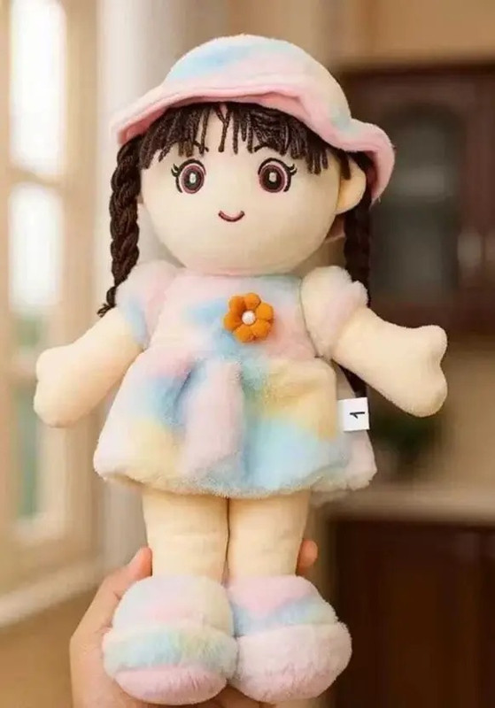 BestLook Soft Hat Doll Multicolor Dress, Braided Hair & Flower Brooch for Girls & Boys - 25 cm(Pink)
