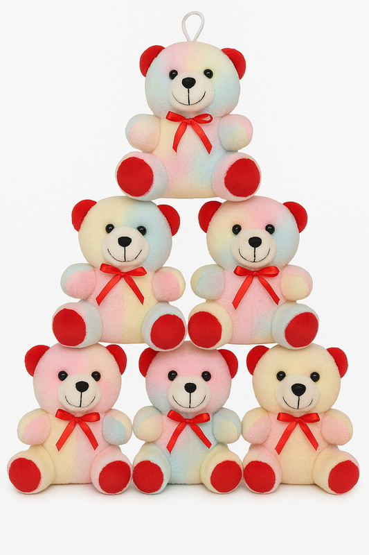 BlingNBeats Soft Teddy Bear Pack of 6 – Multicolor Plush Toys with Red Ribbon - 18 cm(Multicolor)