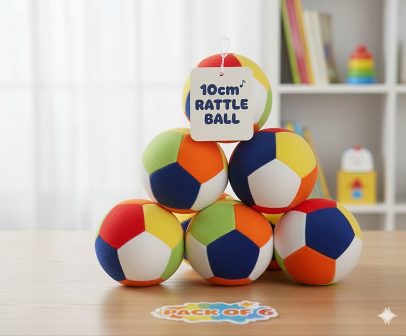FUN KIDS Soft Rattle Ball for Kids (10cm) | Premium Plush Sound Toy Baby Playtime- PACK 6  - 7 cm(White)