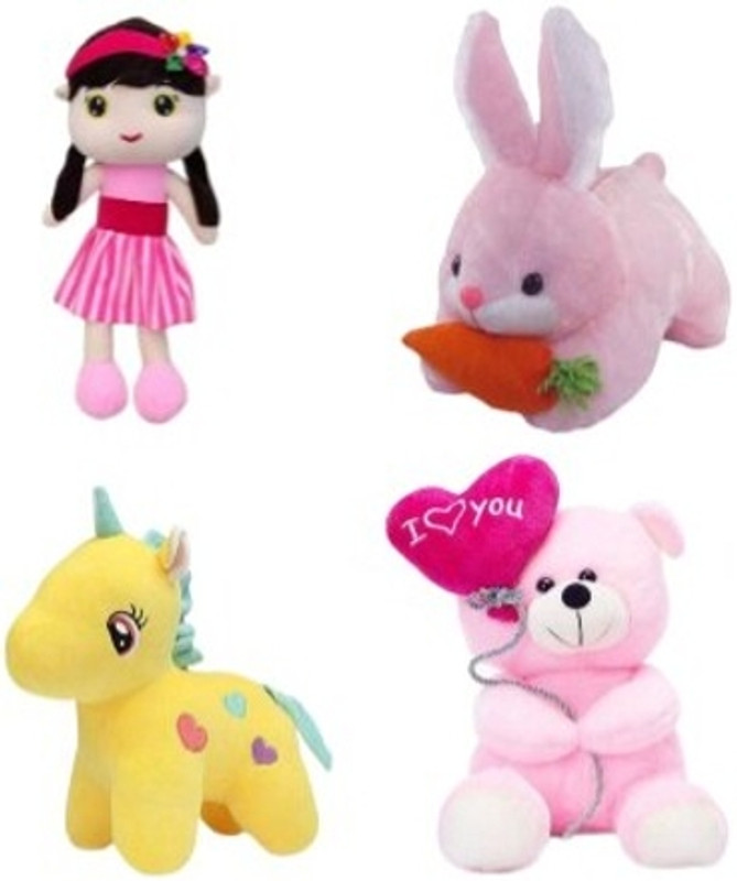Toyhaven COMBO OF PINK-RABBIT, PINK-TEDDY, PINK-DOLL, YELLOW-UNICORN, - 25 cm(Multicolor)