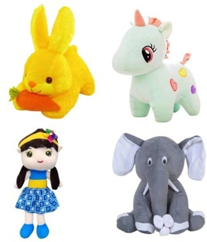 Toyhaven GRAY-ELEPHANT,GREEN-UNICORN,BLUE-DOLLS,YELLOW-RABBIT  - 25 cm(Multicolor)