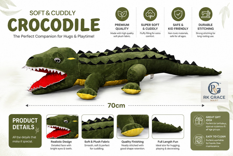 Ritik Kumar Crocodile Soft Stuffed Plush Animal Toy for Kids Boys & Girls /Big Size 72 cm/  - 70 cm(Green)