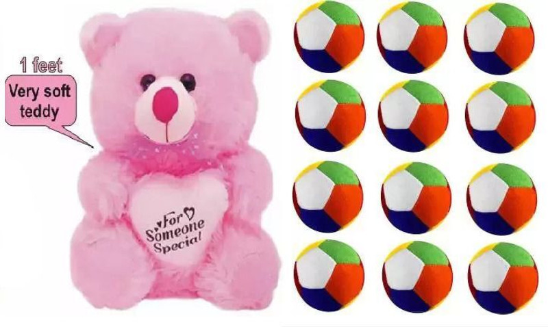 tgr cute Best Quality Soft Pink Teddy and Soft Balls(12) for Someone special.  - 25 cm(Multicolor)