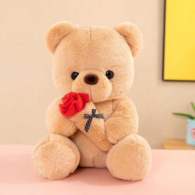 AVS Soft Stuffed Huggable Teddy Bear with Rose Plush Toy for Kids - 10 cm(Brown)