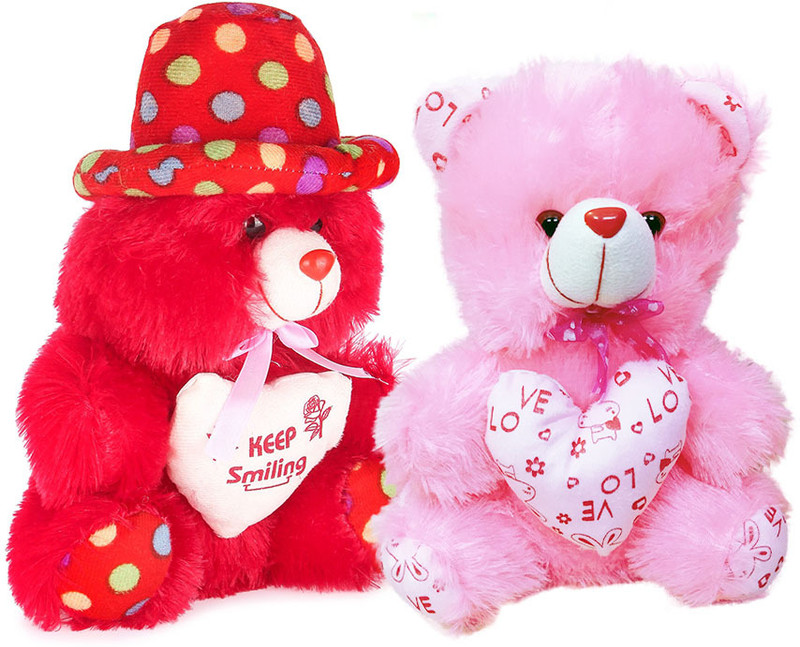 Topgrow Soft Teddy Bear Cap Style with Heart Multicolour Red Hat and Pink Set of 2 - 12 inch(Multicolor)