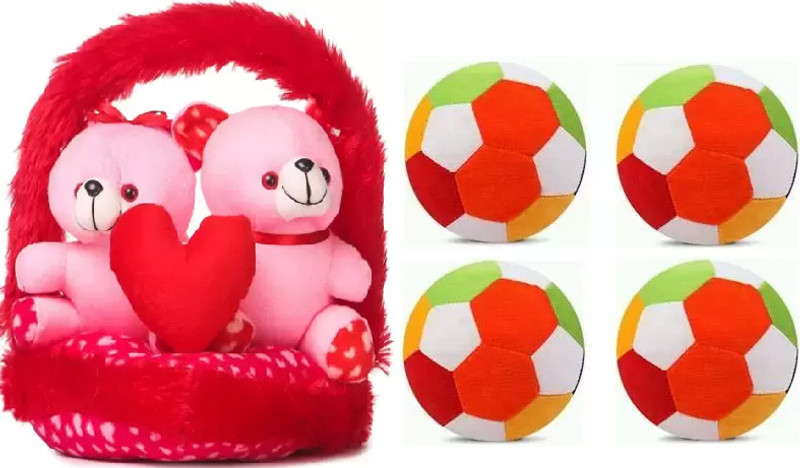 Nihan Enterprises Stuffed soft Couple-Basket Teddy & small balls(4) combo for someone special/kids - 30 cm(red & pink, Multicolor)