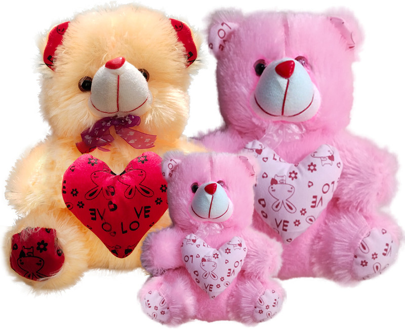 Topgrow Cream and Pink Teddy Bear with Heart (13Inch) Pink mini (6inch) Set of 3 - 13 inch(Multicolor)