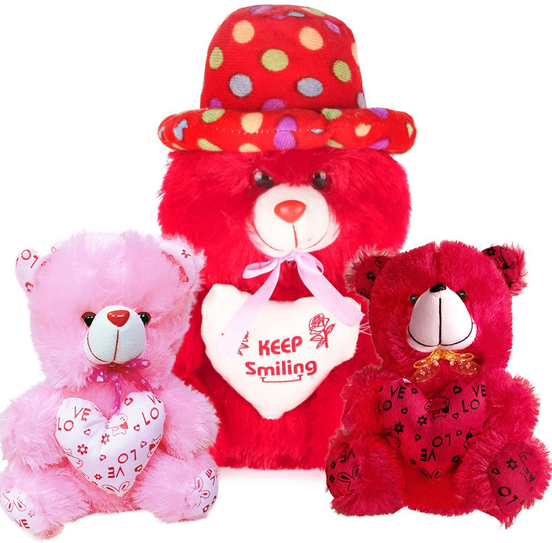 Topgrow Teddy Bear Cap Style and Heart Hat (12 inch) with Mini 2 Teddy (6 Inch) - 12 inch(Red)