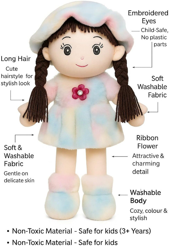 ATHRAVTOYS Premium Velvet Doll Toy for Kids – Flower Dress Design  - 5 mm(Multicolor)