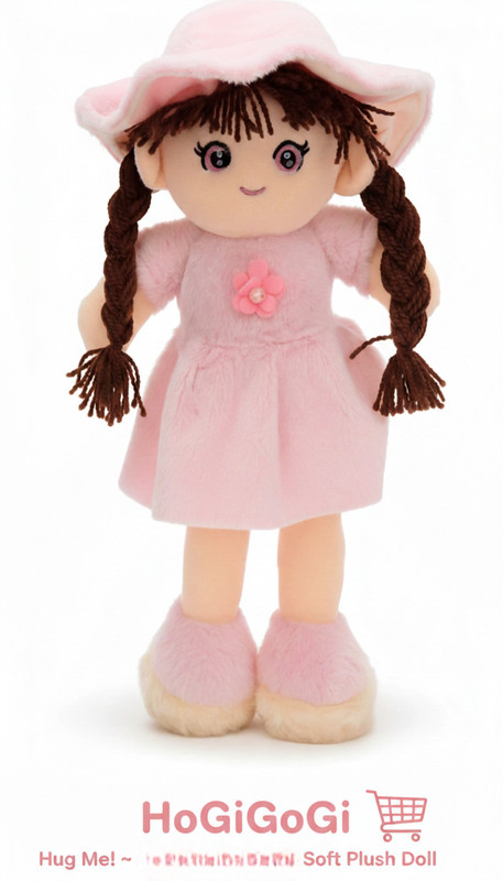HoGiGoGi Handmade Plush Girl Doll - Soft Fabric Toy with Braided Hair & Sun Hat - 45 cm(Pink)